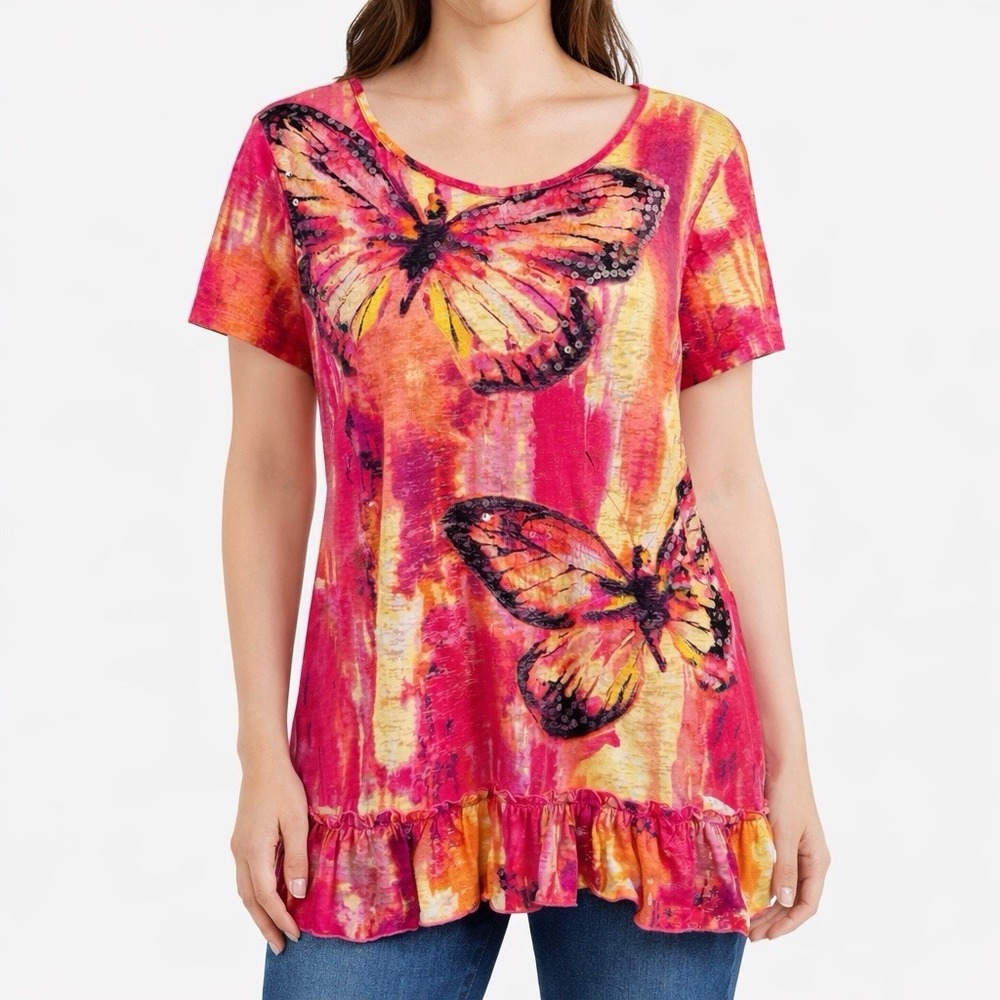 Hannah Butterfly Sequin‎ Top L Pink Tie Dye Ruffle Hem Short Sleeve